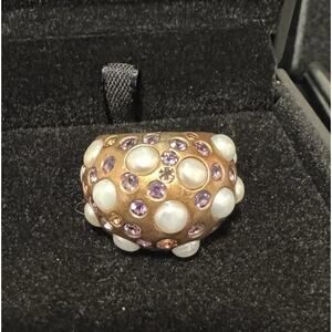 Gold Tone Rhodium Plated Ring With Pearl, Amethyst And Pink Gemstones
